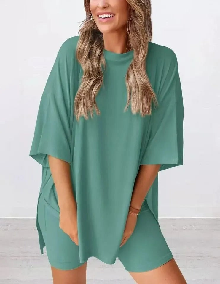 2025 Summer Casual Oversized Shirts Shorts Matching Women's Two Piece Lounge Set